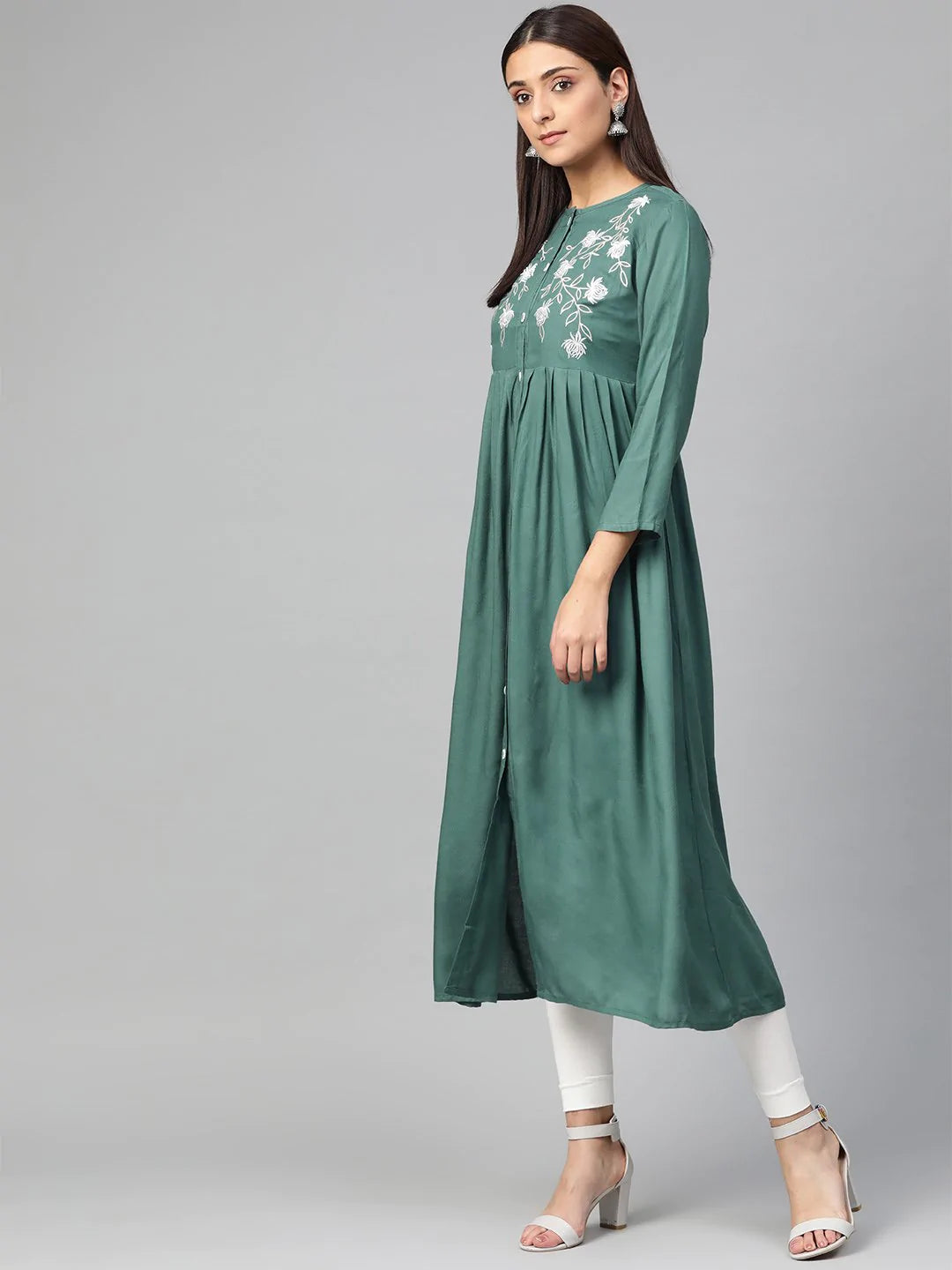 Jompers Women Green & White Yoke Design A-Line Kurta ( JOK 1299 Teal )