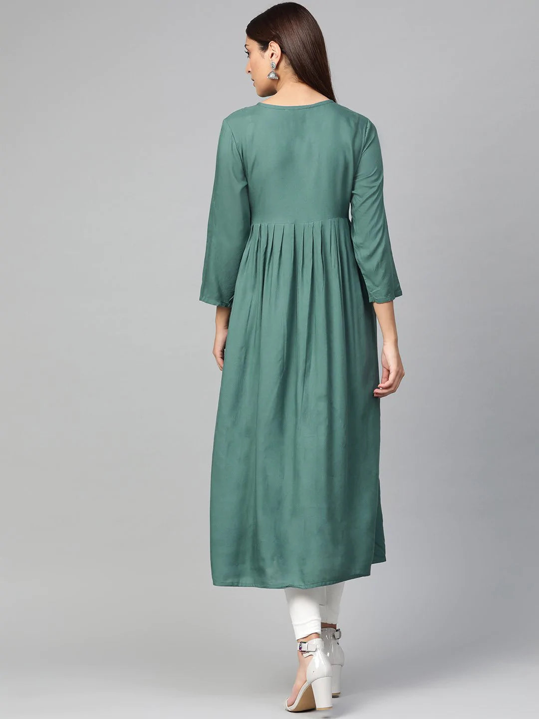 Jompers Women Green & White Yoke Design A-Line Kurta ( JOK 1299 Teal )