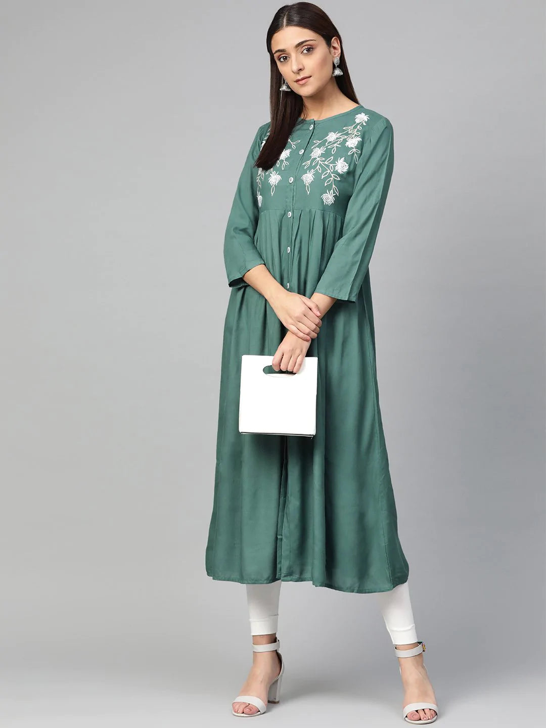 Jompers Women Green & White Yoke Design A-Line Kurta ( JOK 1299 Teal )