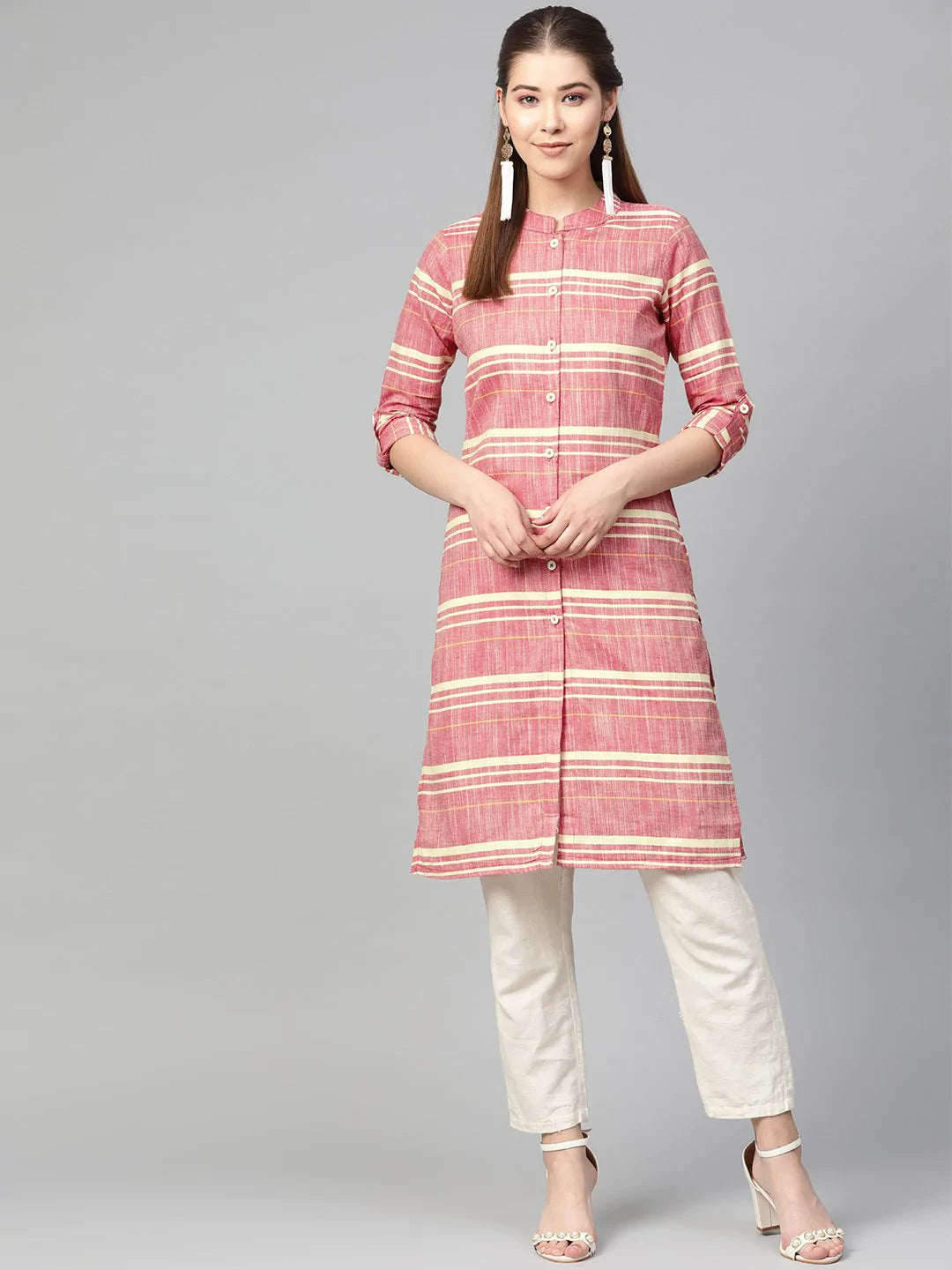 Jompers Women Red & Yellow Self-Striped Straight Kurta ( JOK 1304 Red )