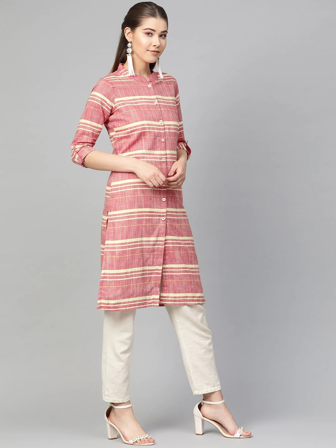 Jompers Women Red & Yellow Self-Striped Straight Kurta ( JOK 1304 Red )