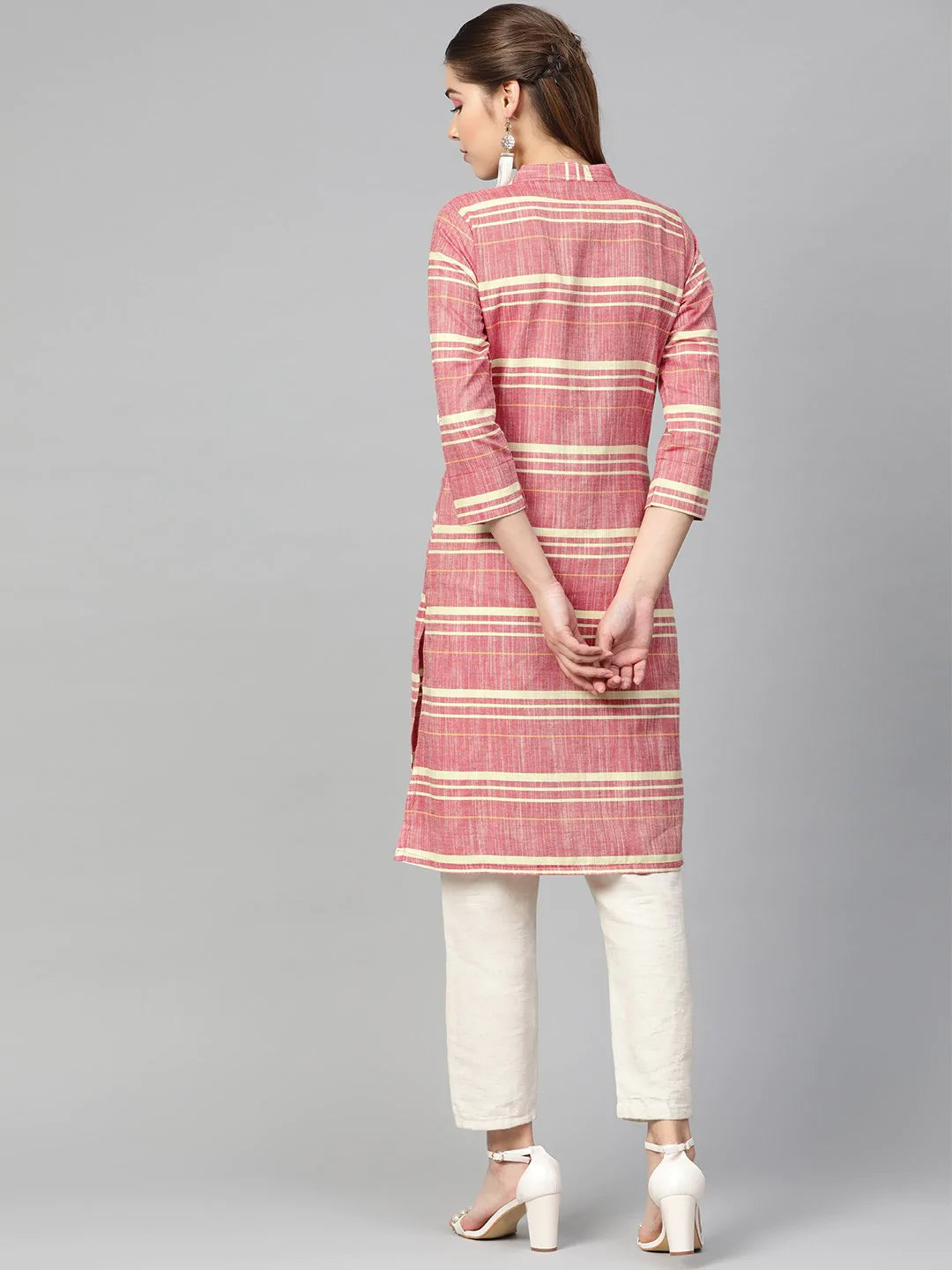 Jompers Women Red & Yellow Self-Striped Straight Kurta ( JOK 1304 Red )