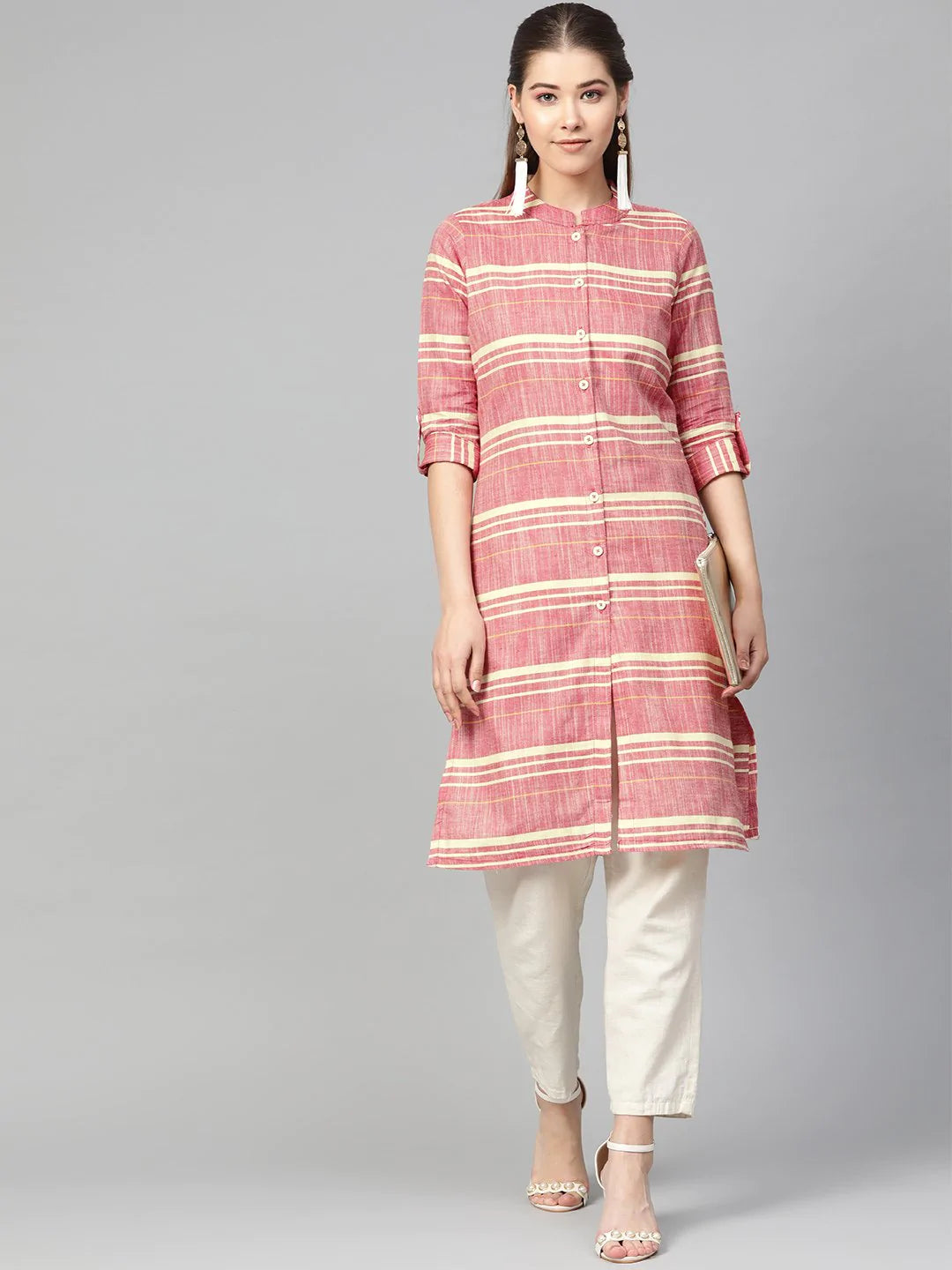 Jompers Women Red & Yellow Self-Striped Straight Kurta ( JOK 1304 Red )