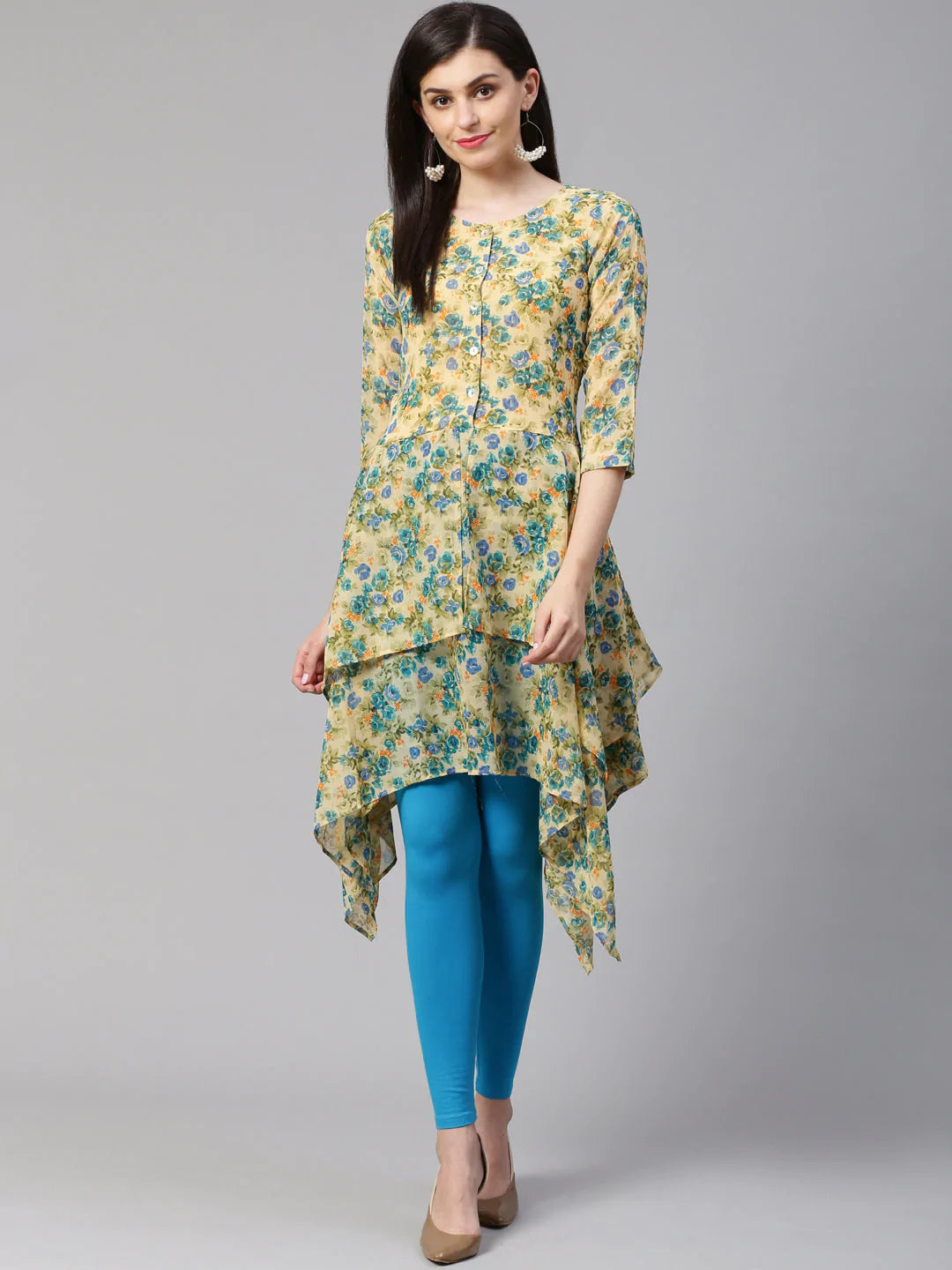 Jompers Women Beige & Blue Floral Printed A-Line Kurta (JOK 1322 Blue)