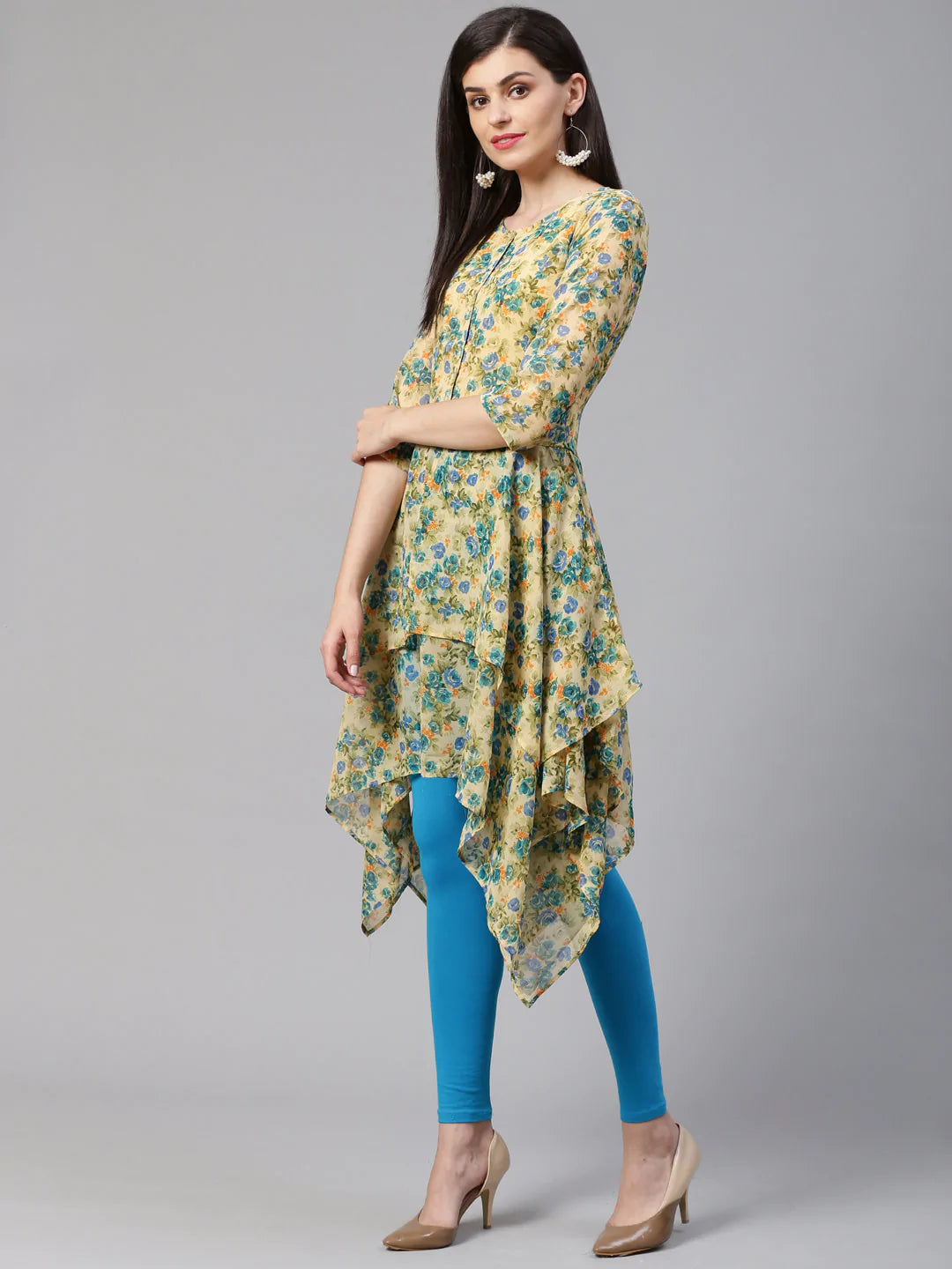 Jompers Women Beige & Blue Floral Printed A-Line Kurta (JOK 1322 Blue)