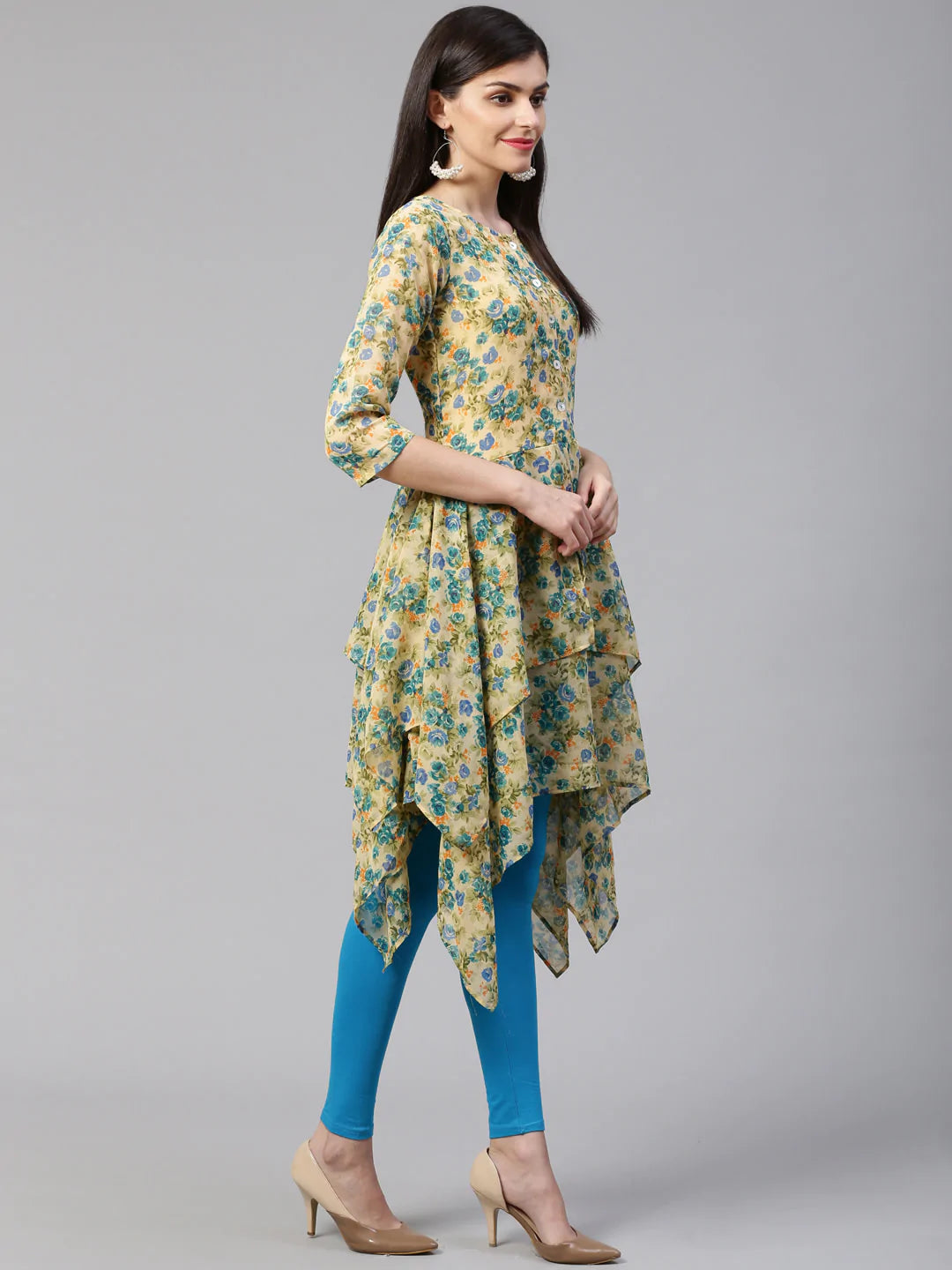 Jompers Women Beige & Blue Floral Printed A-Line Kurta (JOK 1322 Blue)