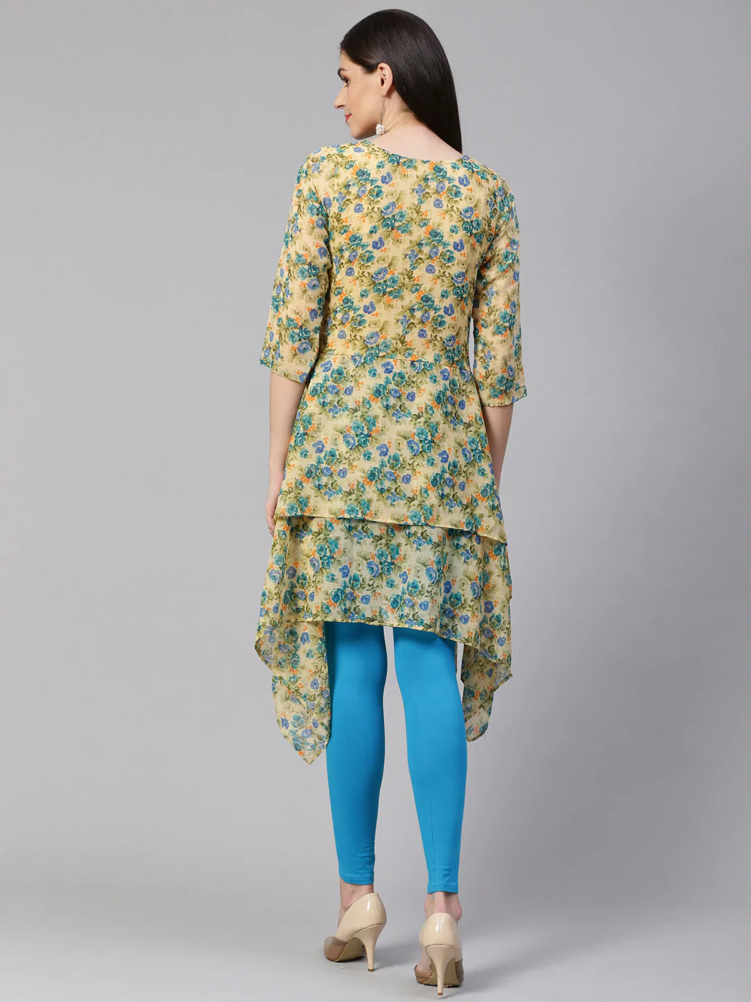 Jompers Women Beige & Blue Floral Printed A-Line Kurta (JOK 1322 Blue)
