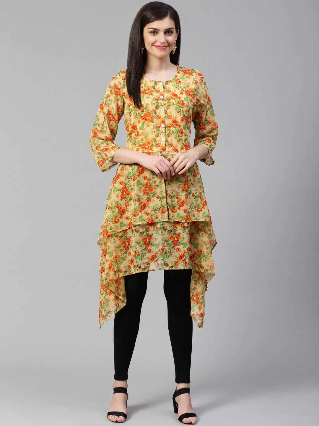 Jompers Women Beige & Orange Floral Printed A-Line Kurta(JOK 1322 Orange)