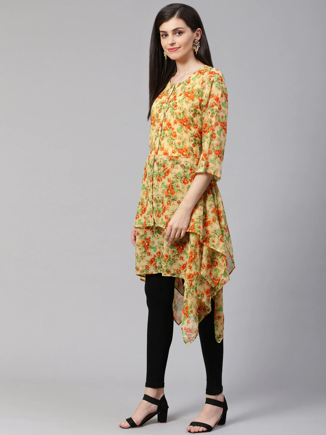 Jompers Women Beige & Orange Floral Printed A-Line Kurta(JOK 1322 Orange)