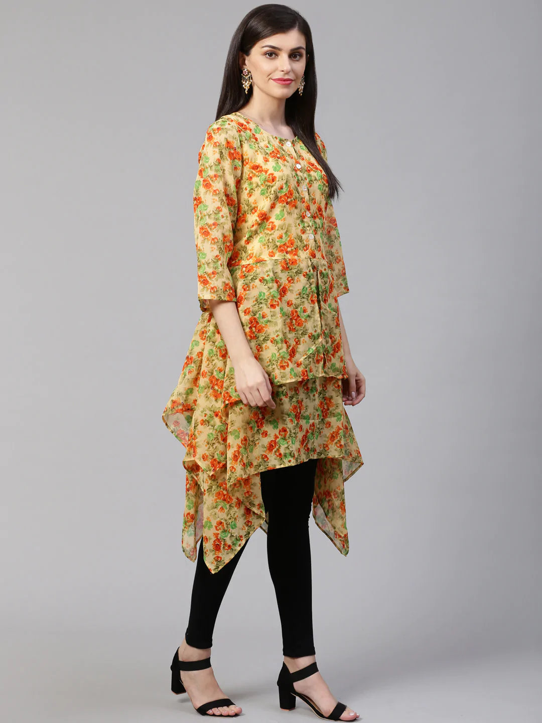 Jompers Women Beige & Orange Floral Printed A-Line Kurta(JOK 1322 Orange)
