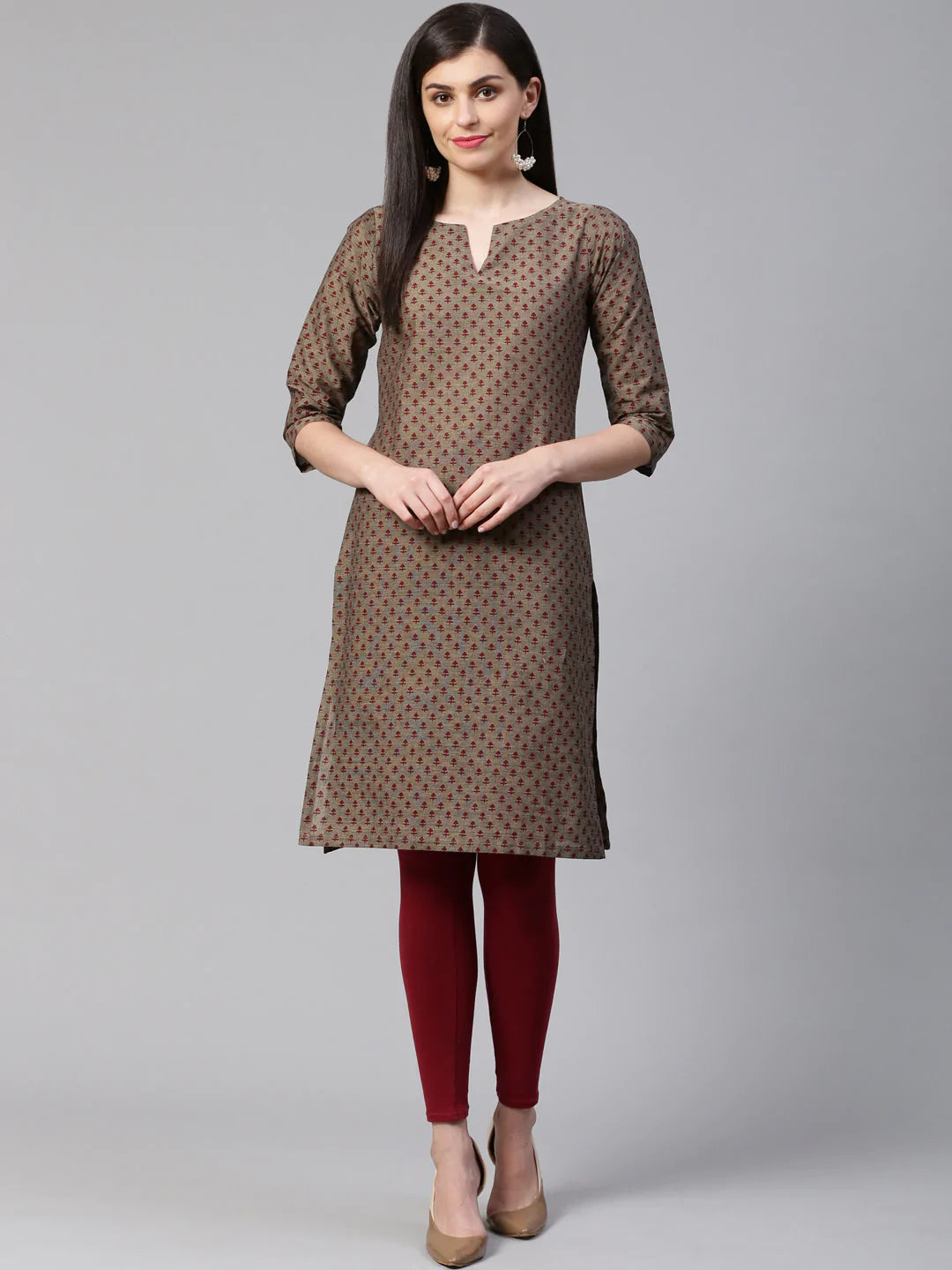 Jompers Women Grey & Maroon Printed Straight Kurta(JOK 1328 Grey)