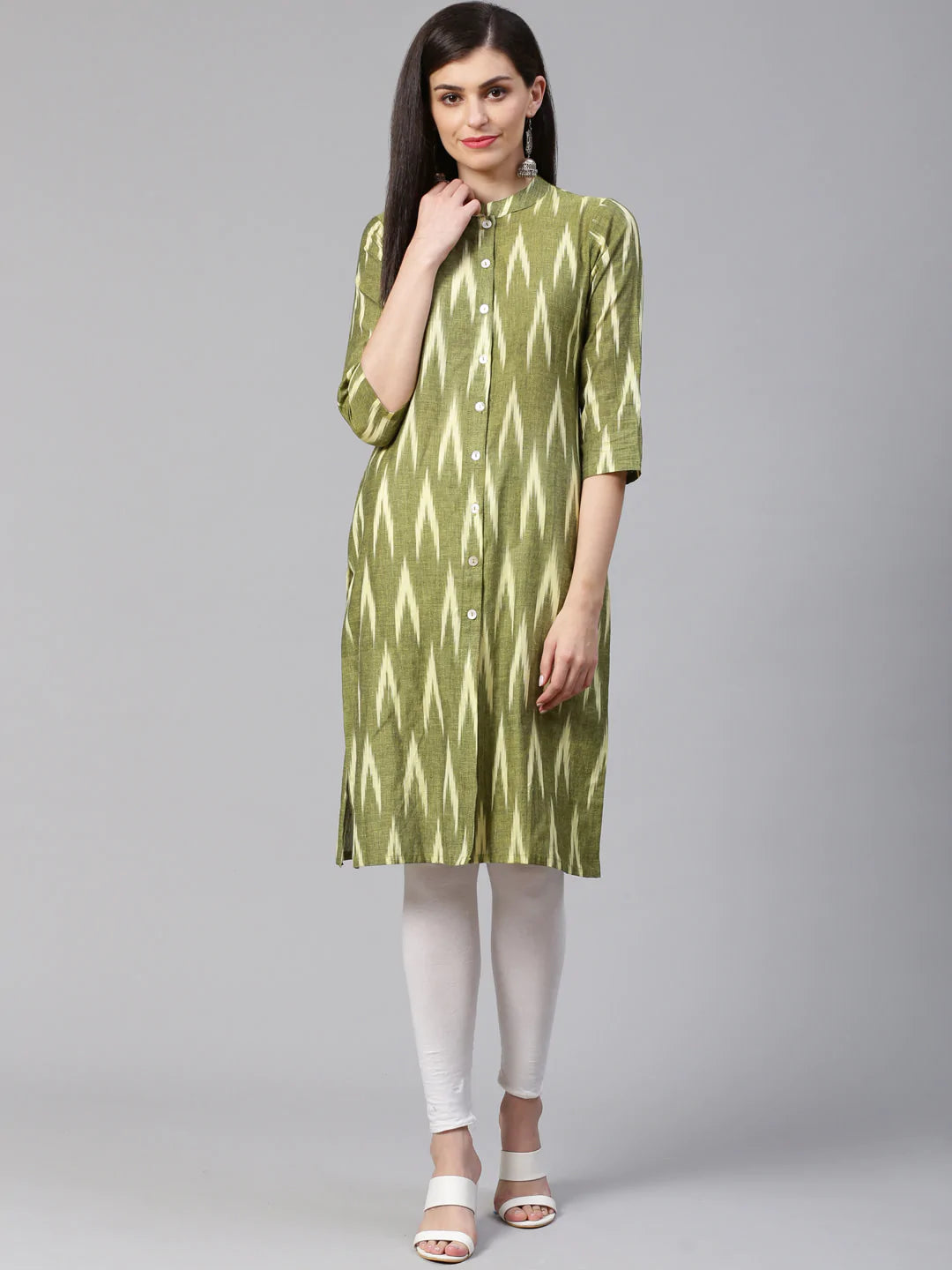 Jompers Women Green & Cream-Coloured Ikkat Woven Design Straight Kurta (JOK 1331 Green)