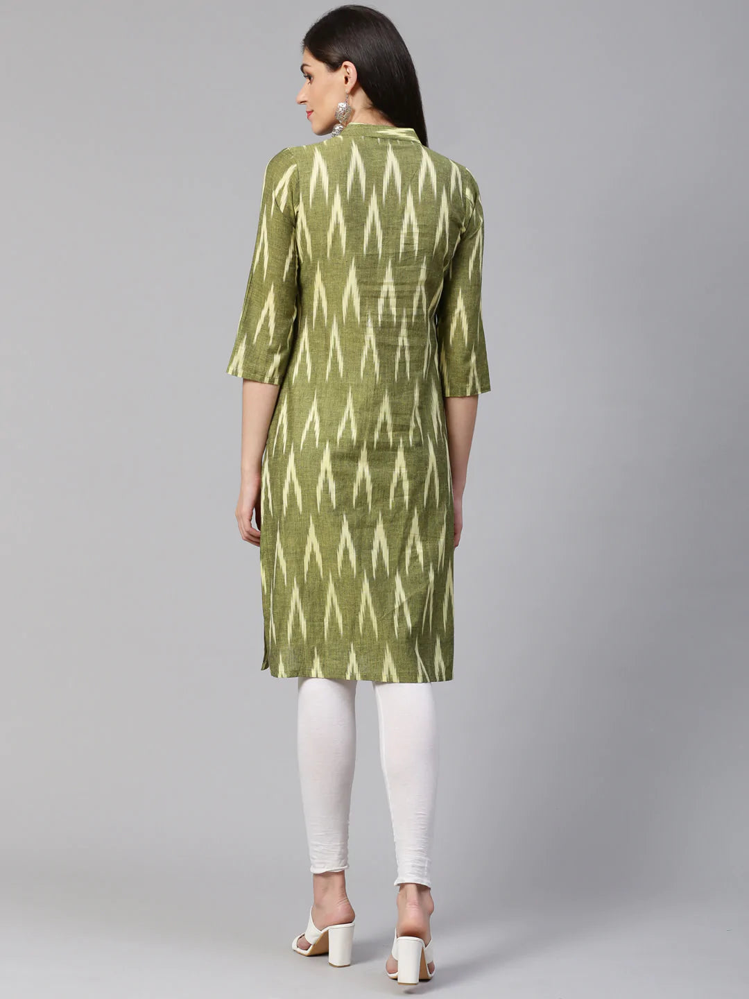Jompers Women Green & Cream-Coloured Ikkat Woven Design Straight Kurta (JOK 1331 Green)
