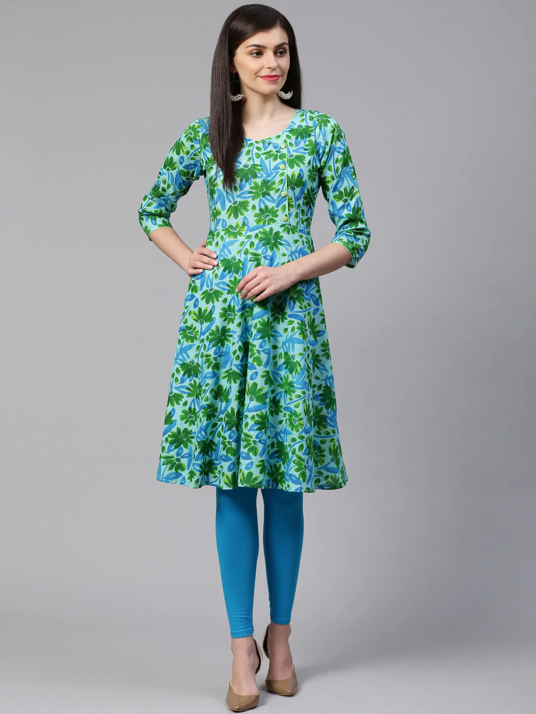 Jompers Women Blue & Green Floral Print Angrakha A-Line Kurta (JOK 1333 Blue)
