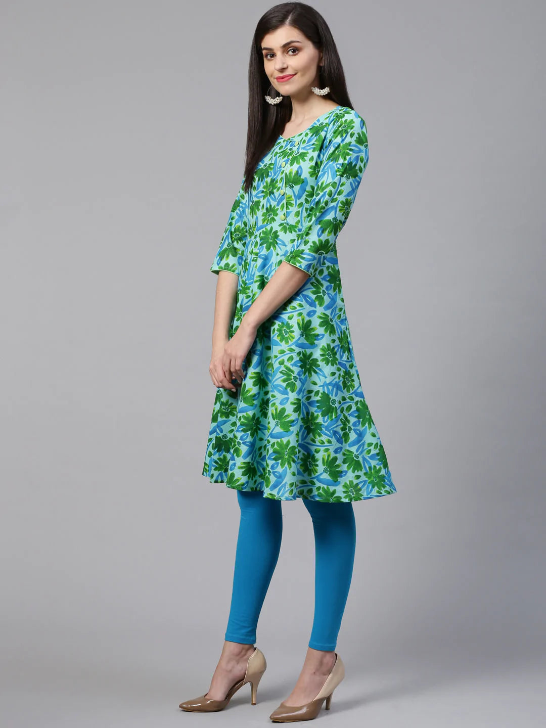Jompers Women Blue & Green Floral Print Angrakha A-Line Kurta (JOK 1333 Blue)