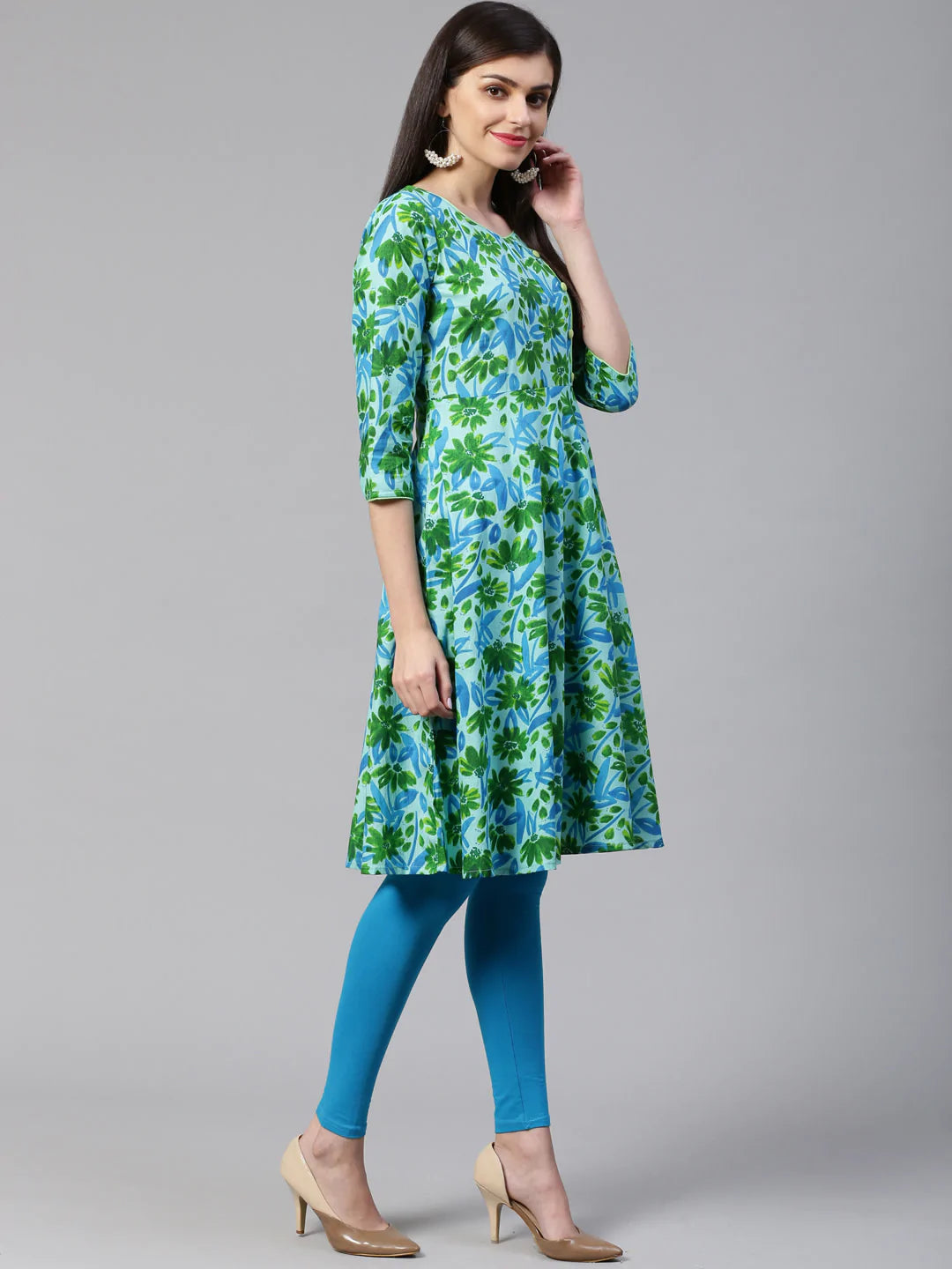 Jompers Women Blue & Green Floral Print Angrakha A-Line Kurta (JOK 1333 Blue)