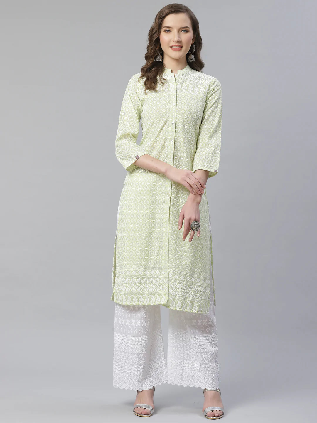 Women Lime Green & White Chikankari Embroidered Kurta with Palazzos ( JOKPL C-W 1351 Green )