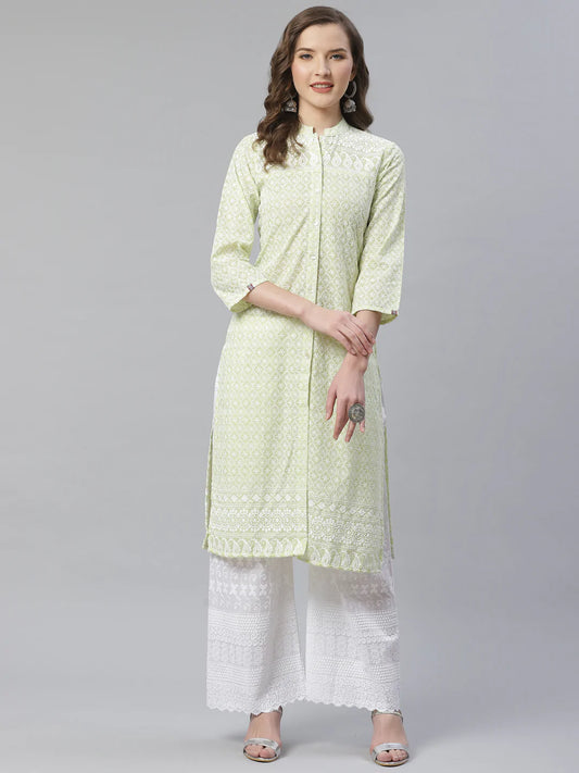 Women Lime Green & White Chikankari Embroidered Kurta with Palazzos ( JOKPL C-W 1351 Green )