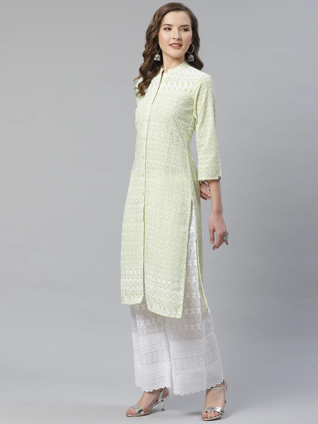 Women Lime Green & White Chikankari Embroidered Kurta with Palazzos ( JOKPL C-W 1351 Green )