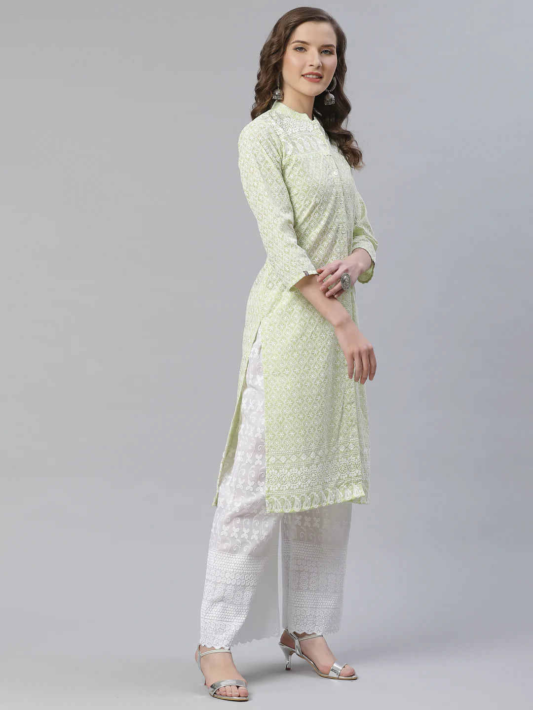 Women Lime Green & White Chikankari Embroidered Kurta with Palazzos ( JOKPL C-W 1351 Green )