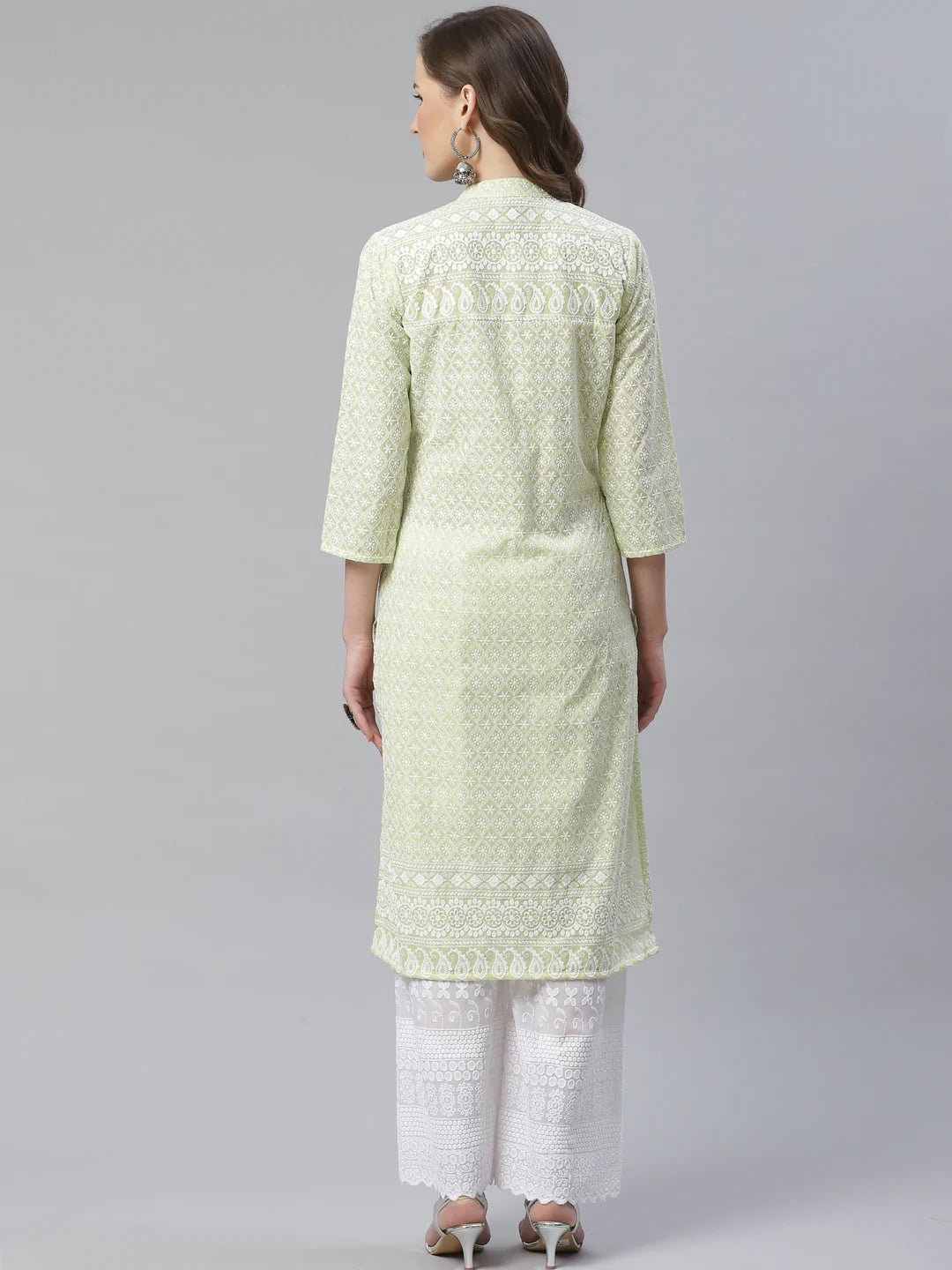 Women Lime Green & White Chikankari Embroidered Kurta with Palazzos ( JOKPL C-W 1351 Green )