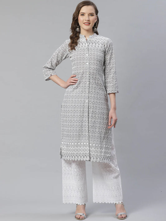Women Grey & White Chikankari Embroidered Kurta with Palazzos ( JOKPL C-W 1351 Grey )