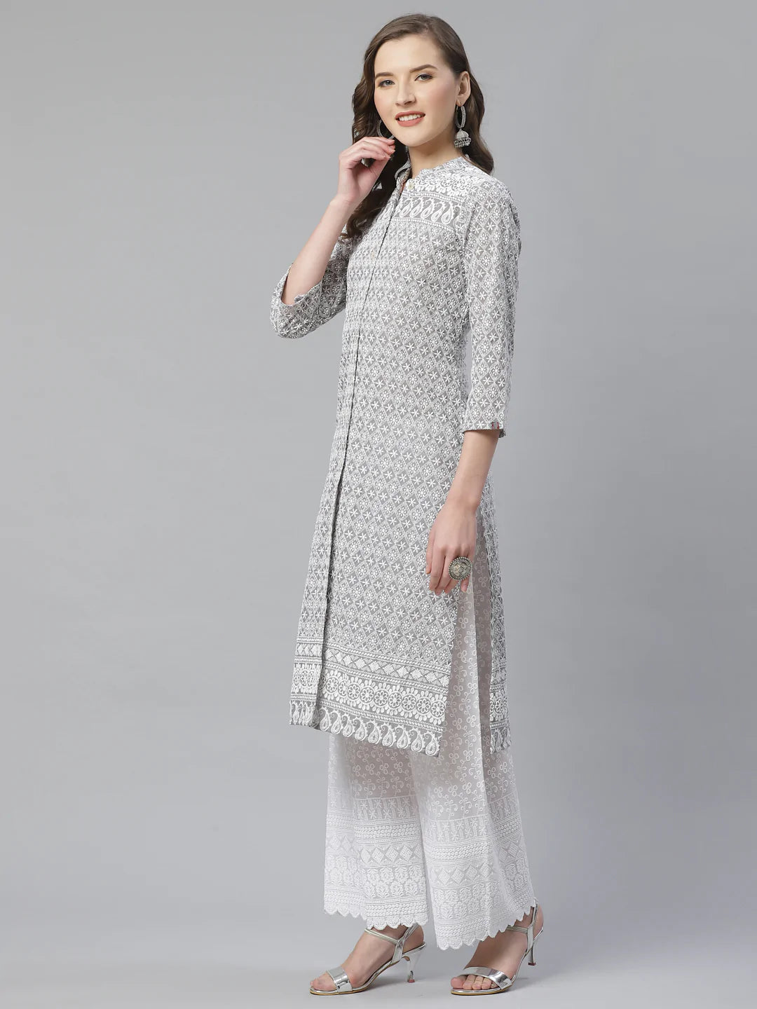 Women Grey & White Chikankari Embroidered Kurta with Palazzos ( JOKPL C-W 1351 Grey )