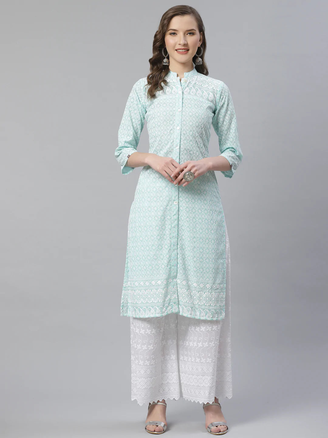 Women Sky Blue & White Chikankari Embroidered Kurta with Palazzos ( JOKPL C-W 1351 Lime )