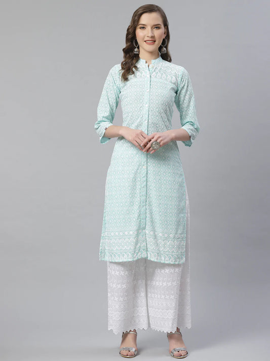 Women Sky Blue & White Chikankari Embroidered Kurta with Palazzos ( JOKPL C-W 1351 Lime )