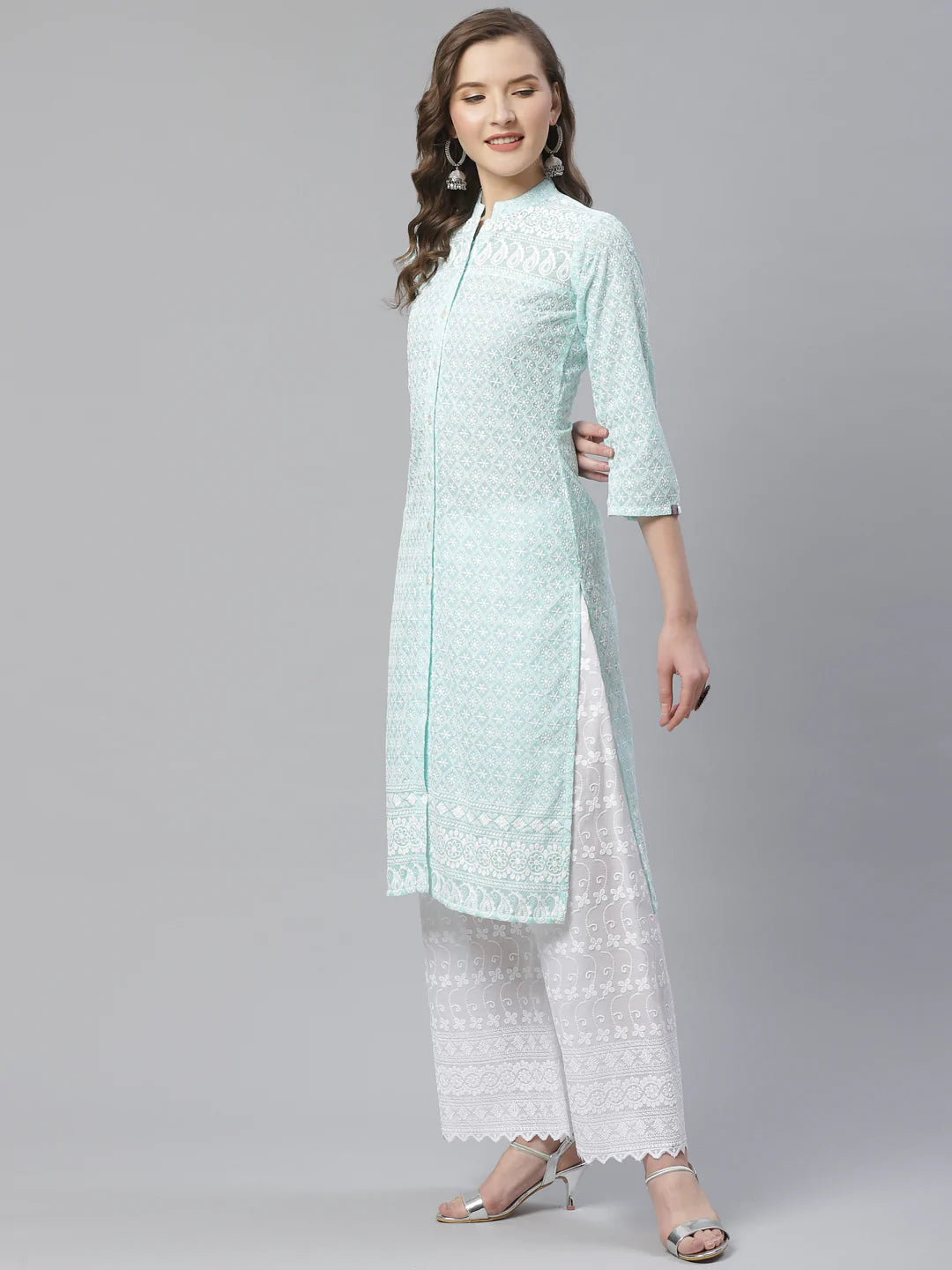 Women Sky Blue & White Chikankari Embroidered Kurta with Palazzos ( JOKPL C-W 1351 Lime )
