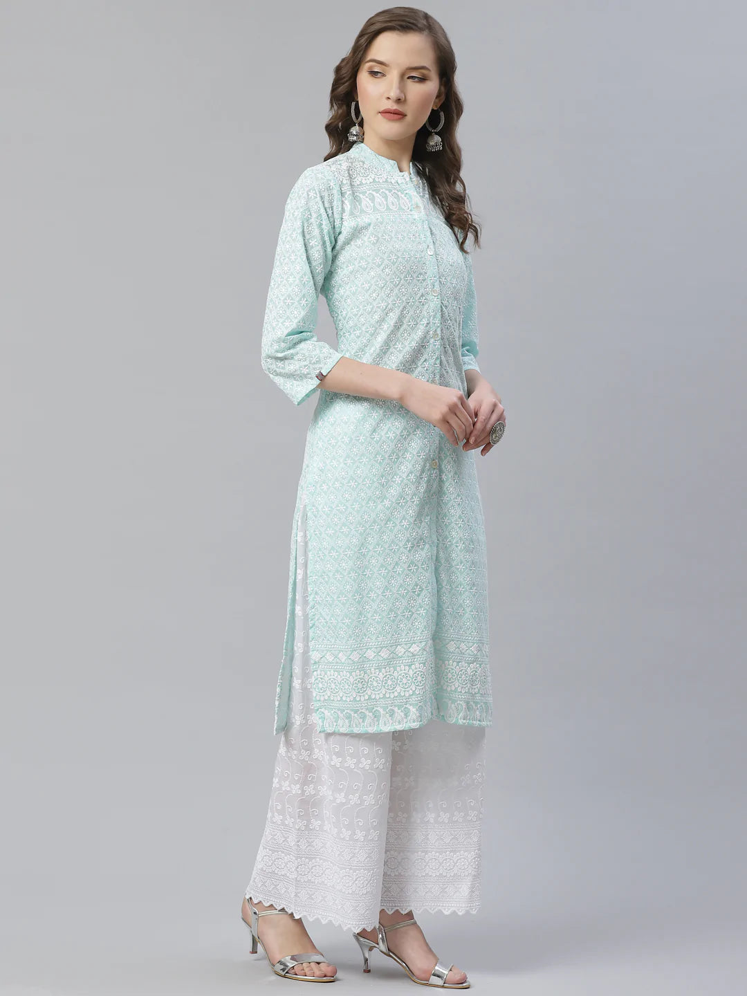 Women Sky Blue & White Chikankari Embroidered Kurta with Palazzos ( JOKPL C-W 1351 Lime )