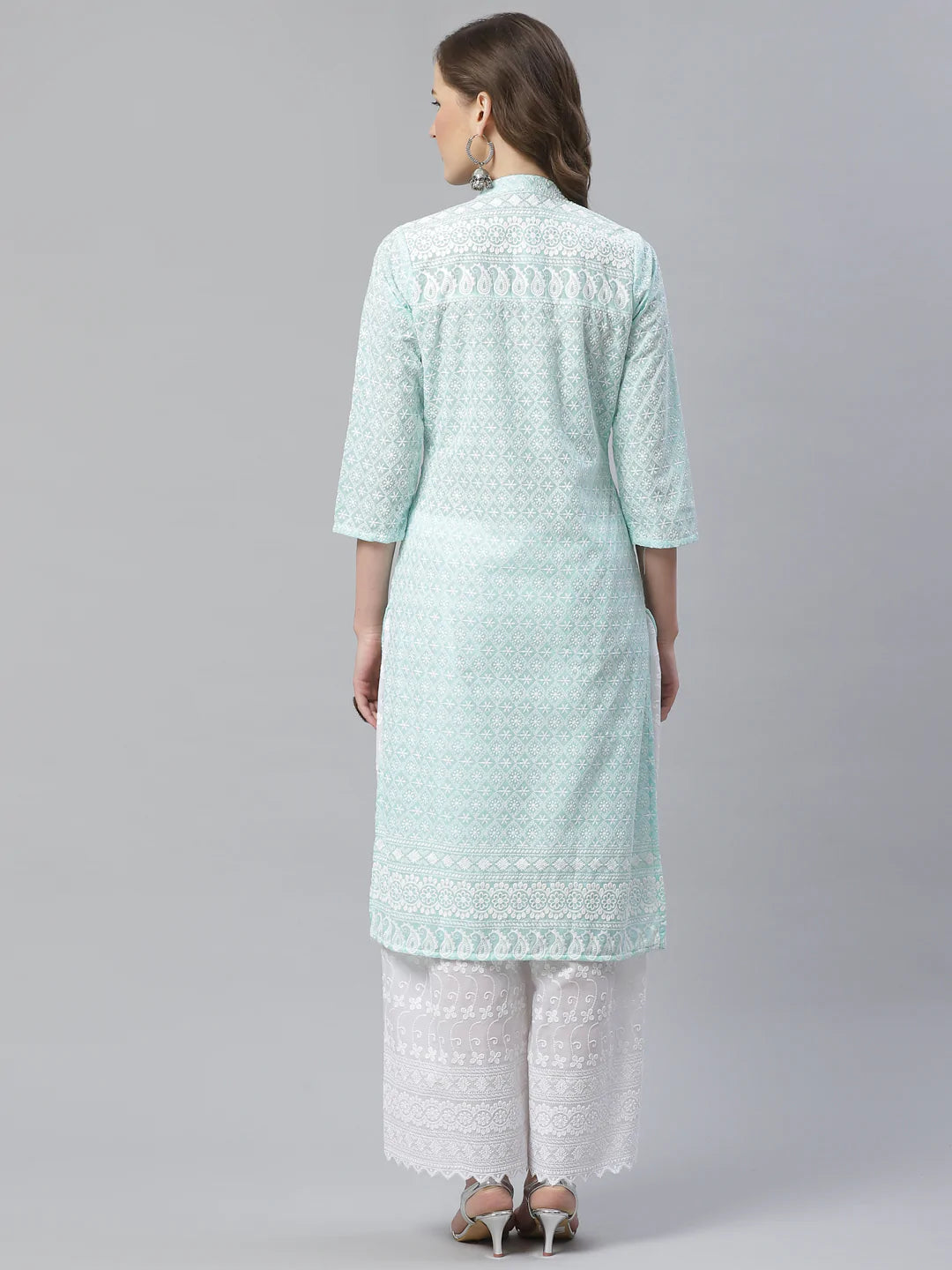Women Sky Blue & White Chikankari Embroidered Kurta with Palazzos ( JOKPL C-W 1351 Lime )