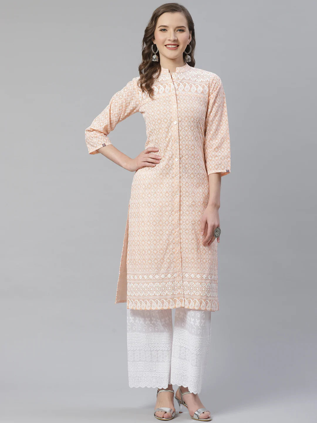Women Peach & White Chikankari Embroidered Kurta with Palazzos ( JOKPL C-W 1351 Peach )
