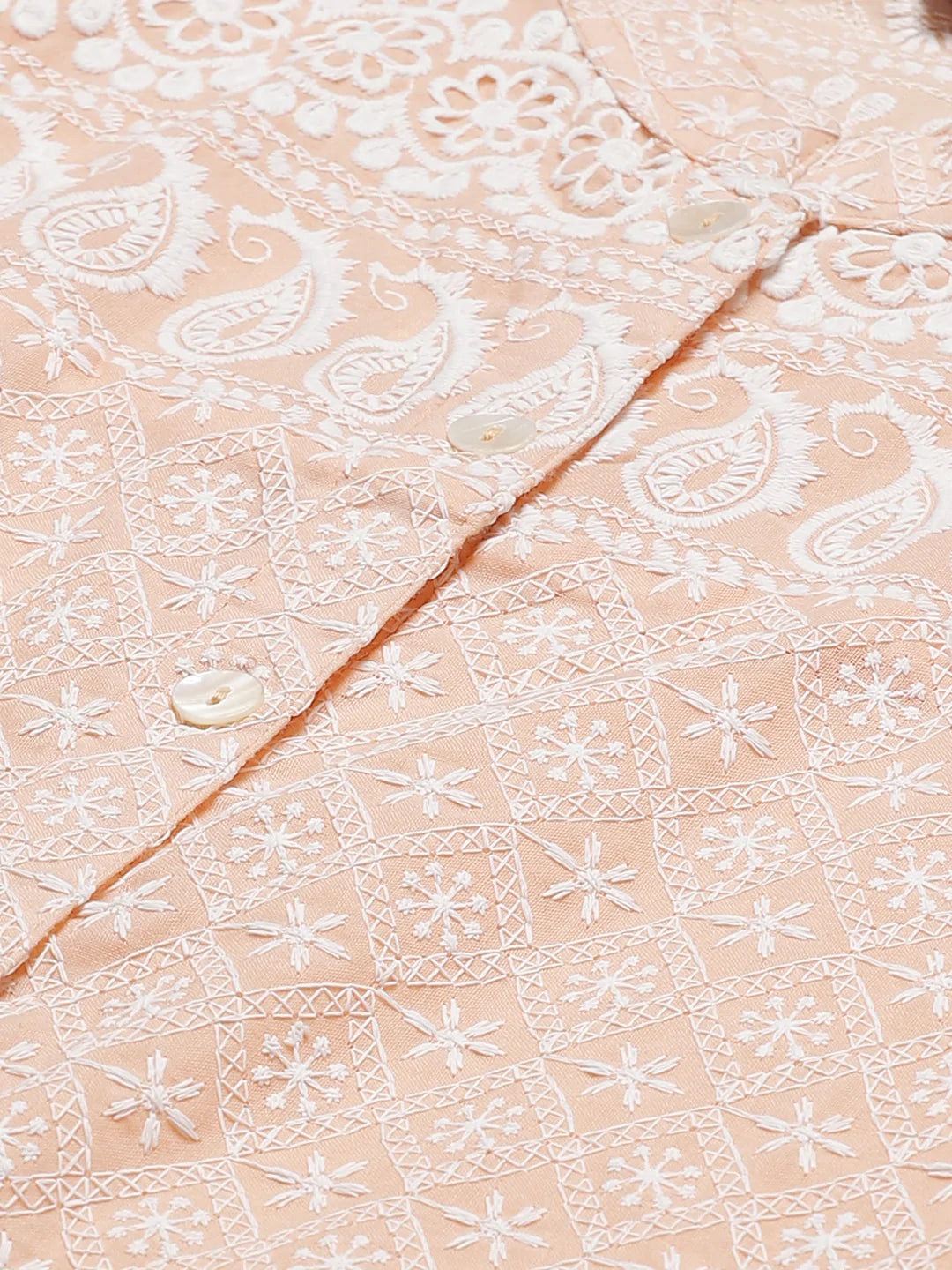 Women Peach & White Chikankari Embroidered Kurta with Palazzos ( JOKPL C-W 1351 Peach )