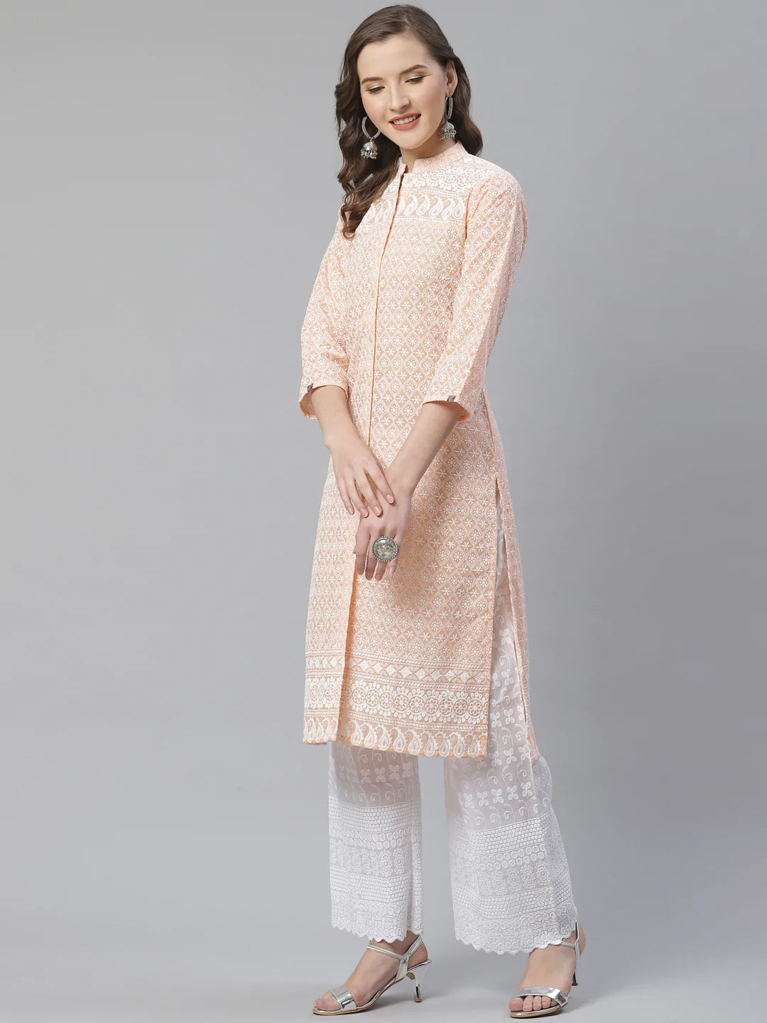 Women Peach & White Chikankari Embroidered Kurta with Palazzos ( JOKPL C-W 1351 Peach )
