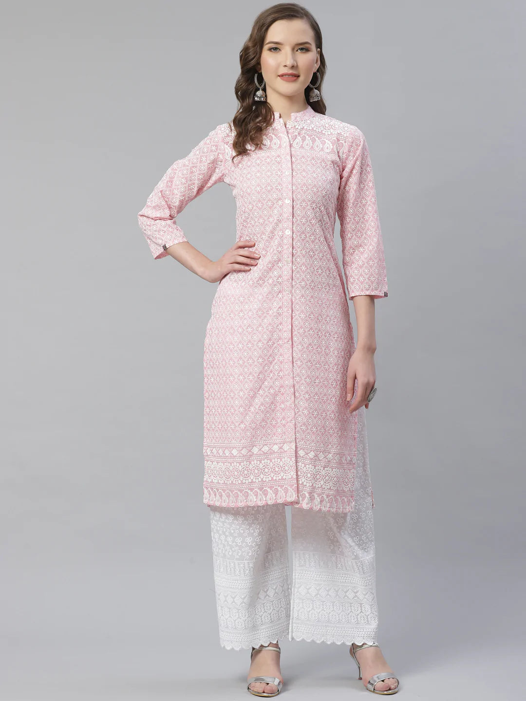 Women Pink & White Chikankari Embroidered Kurta with Palazzos ( JOKPL C-W 1351 Pink )