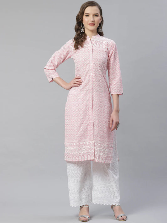 Women Pink & White Chikankari Embroidered Kurta with Palazzos ( JOKPL C-W 1351 Pink )