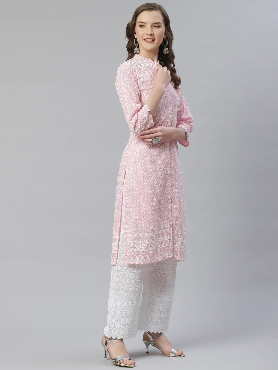 Women Pink & White Chikankari Embroidered Kurta with Palazzos ( JOKPL C-W 1351 Pink )