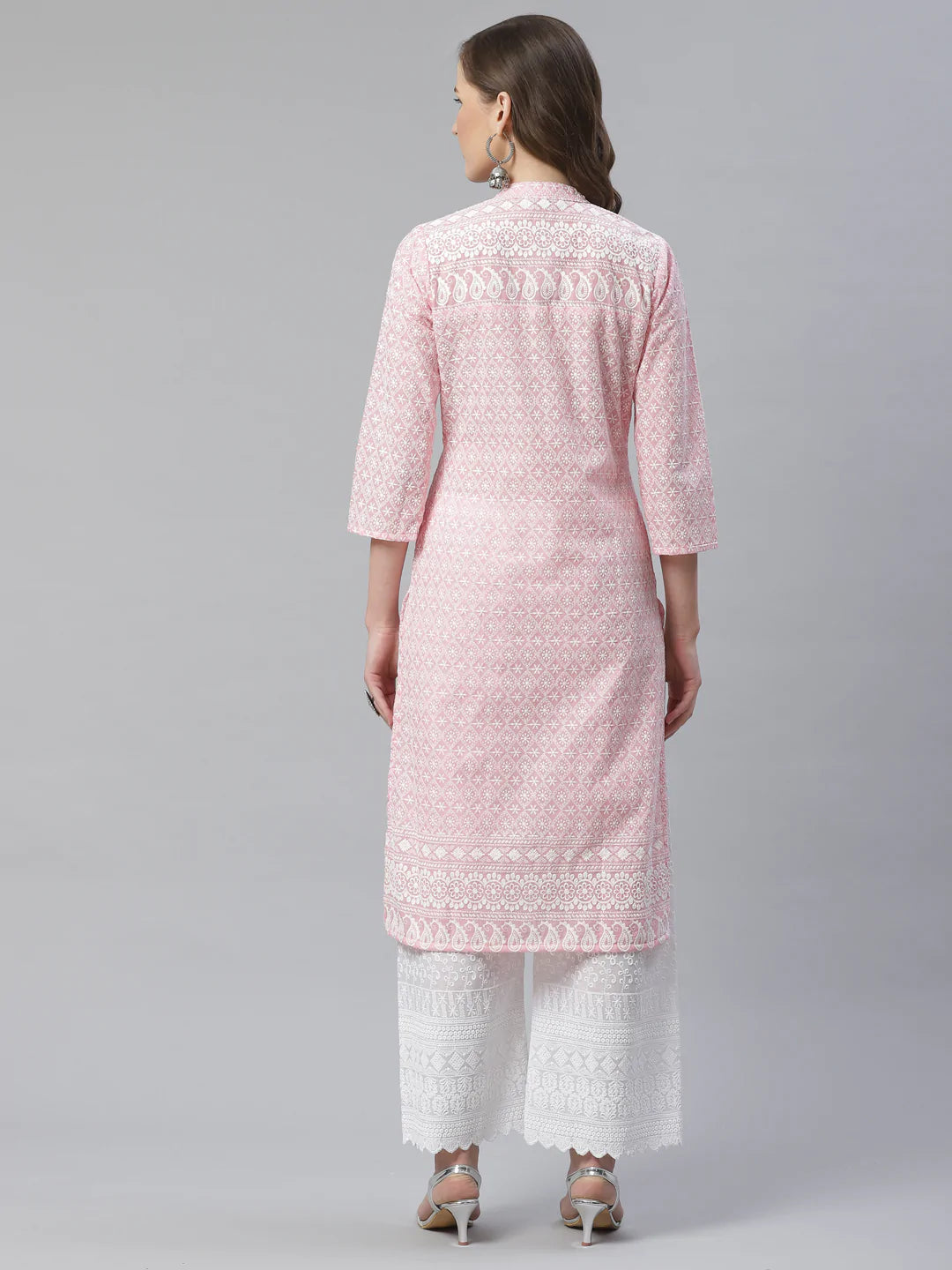 Women Pink & White Chikankari Embroidered Kurta with Palazzos ( JOKPL C-W 1351 Pink )