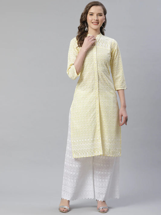 Women Yellow & White Chikankari Embroidered Kurta with Palazzos ( JOKPL C-W 1351 Yellow )