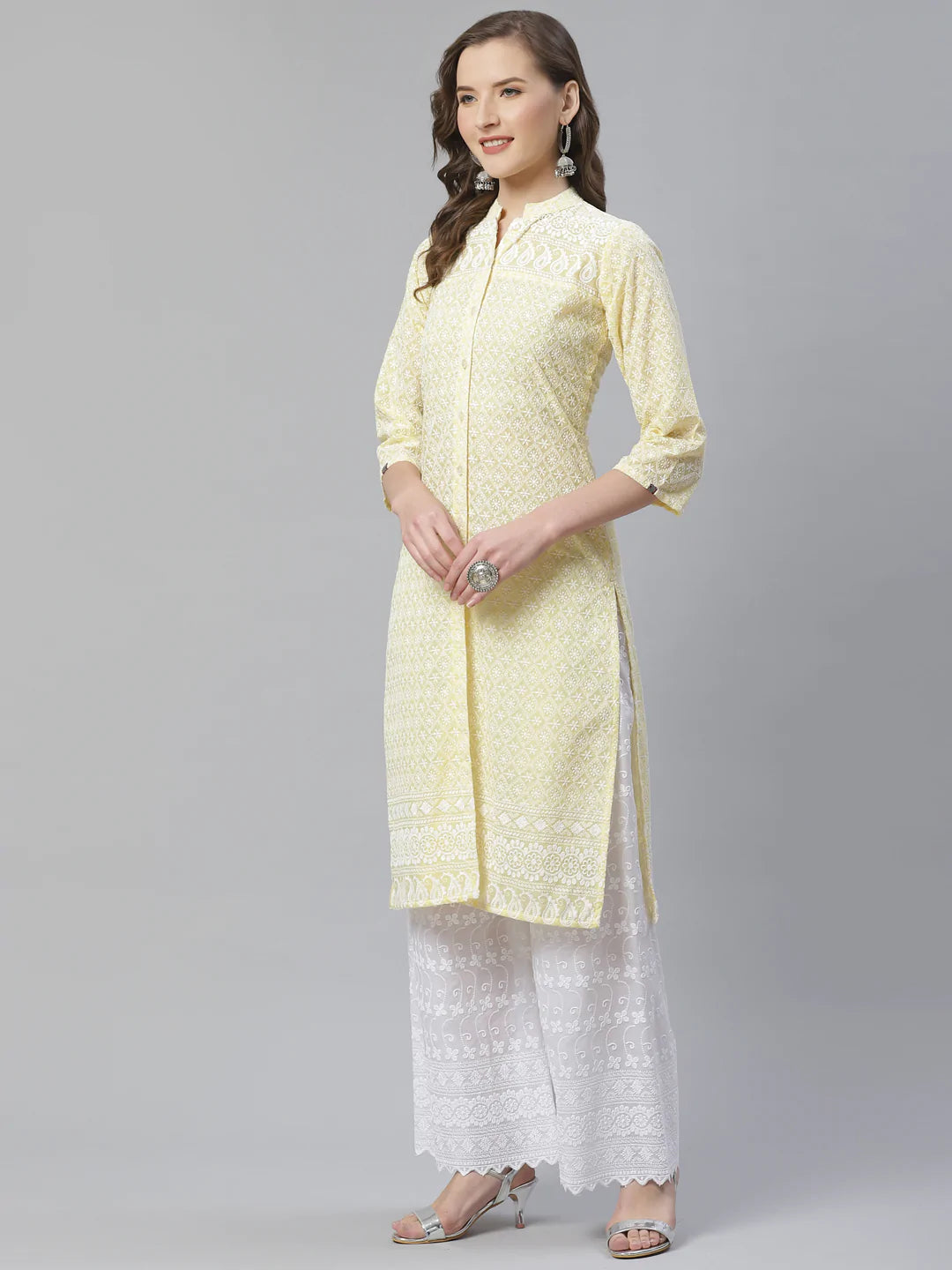 Women Yellow & White Chikankari Embroidered Kurta with Palazzos ( JOKPL C-W 1351 Yellow )