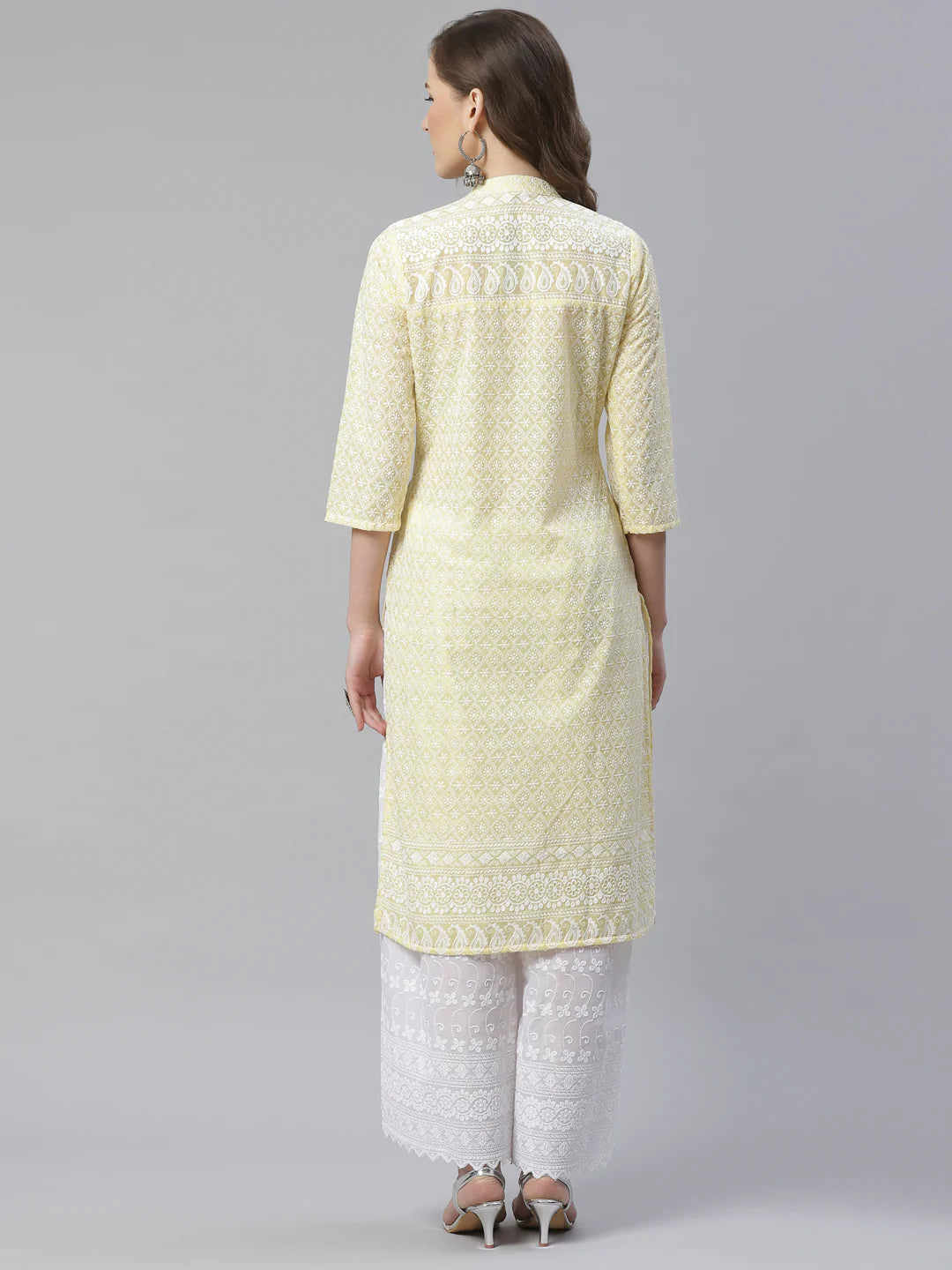 Women Yellow & White Chikankari Embroidered Kurta with Palazzos ( JOKPL C-W 1351 Yellow )