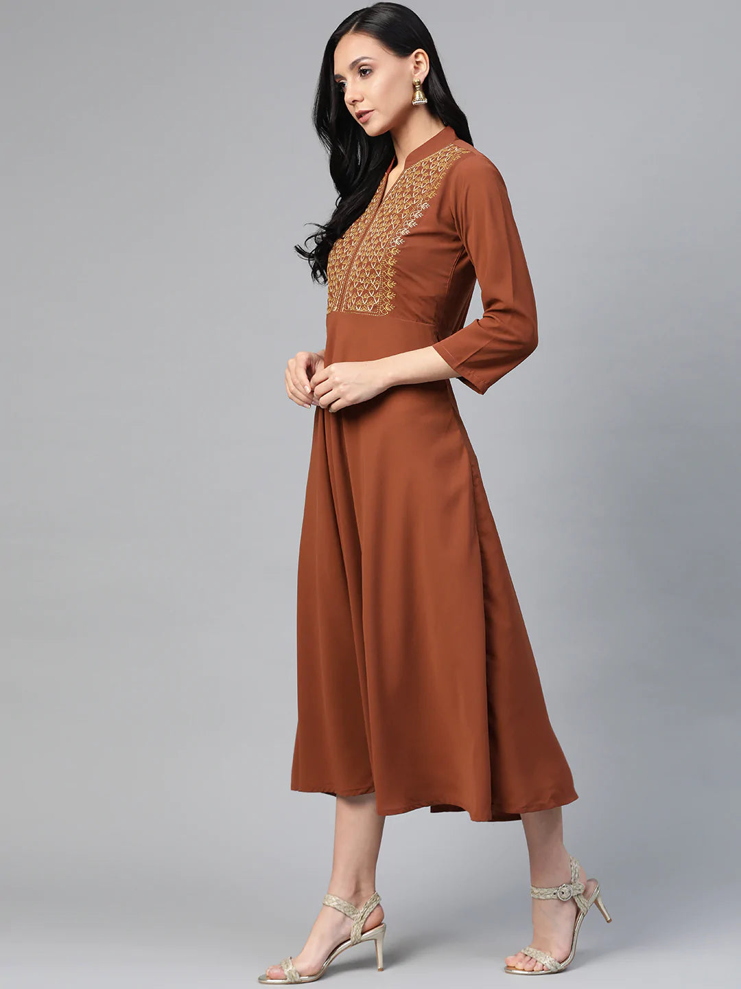 Jompers Women Brown Embroidered Yoke Design A-Line Kurta ( JOK 1352 Brown)