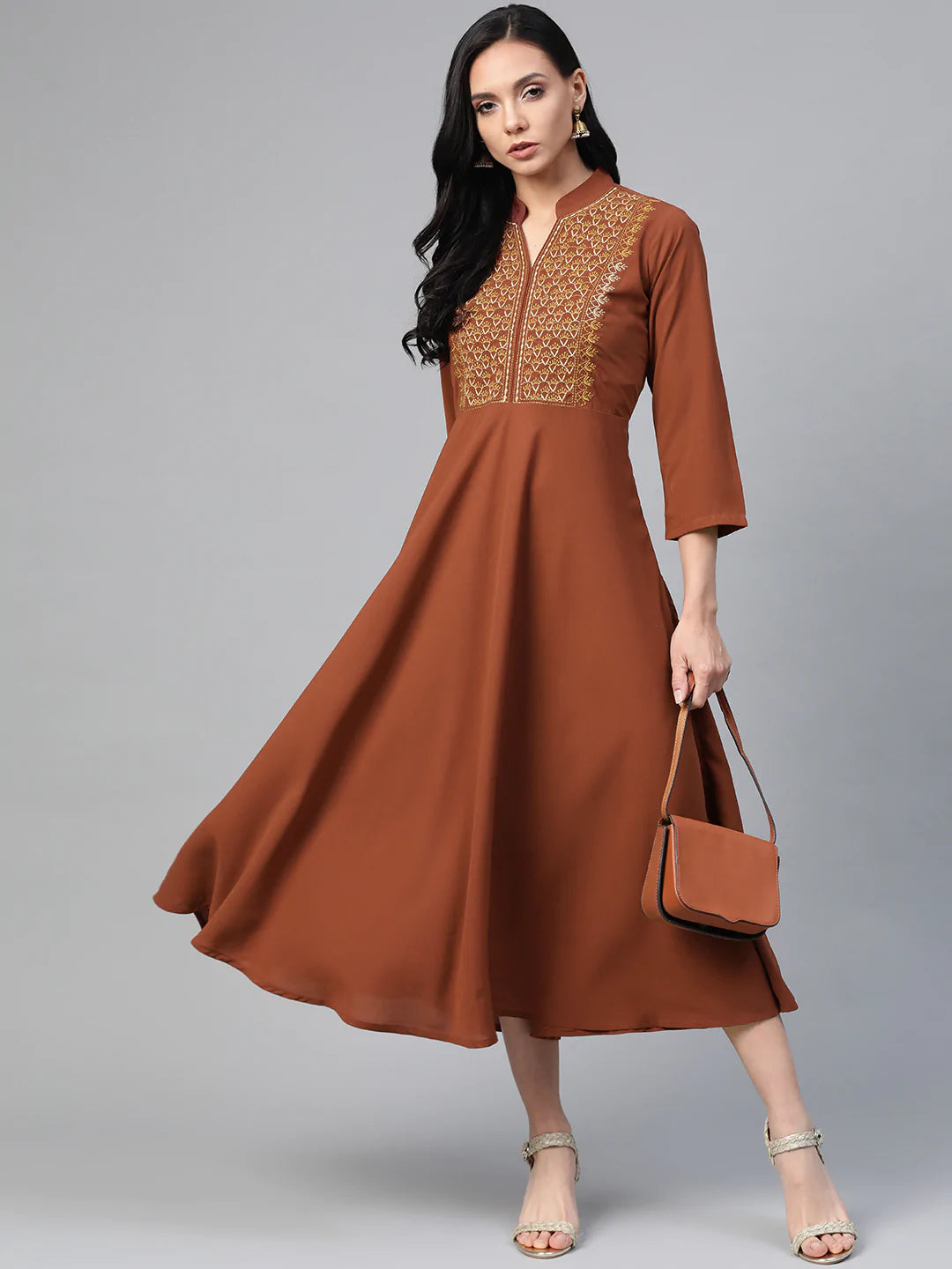 Jompers Women Brown Embroidered Yoke Design A-Line Kurta ( JOK 1352 Brown)
