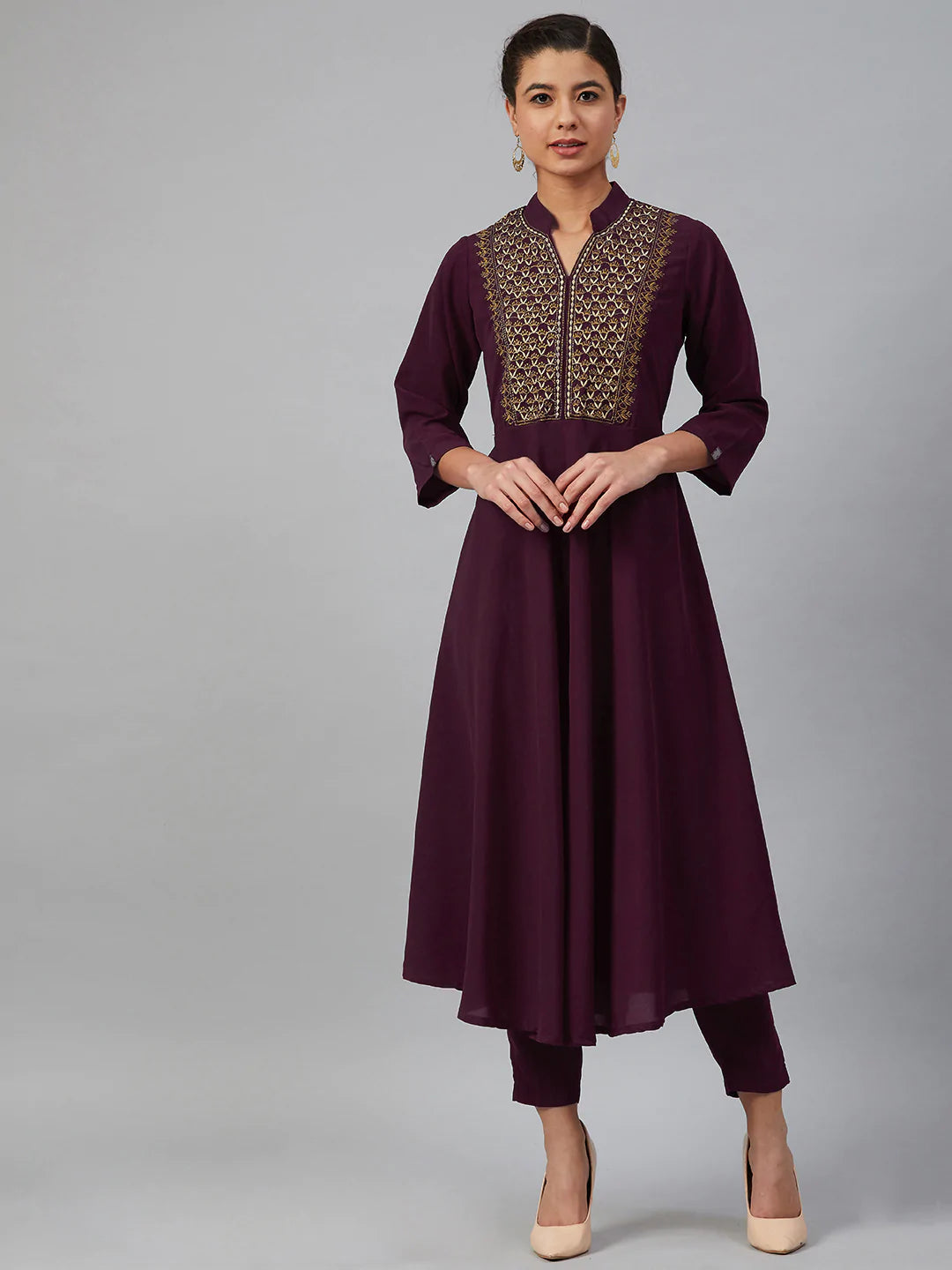 Jompers Women Purple Embroidered Yoke Design A-Line Kurta (JOK 1352 Purple)