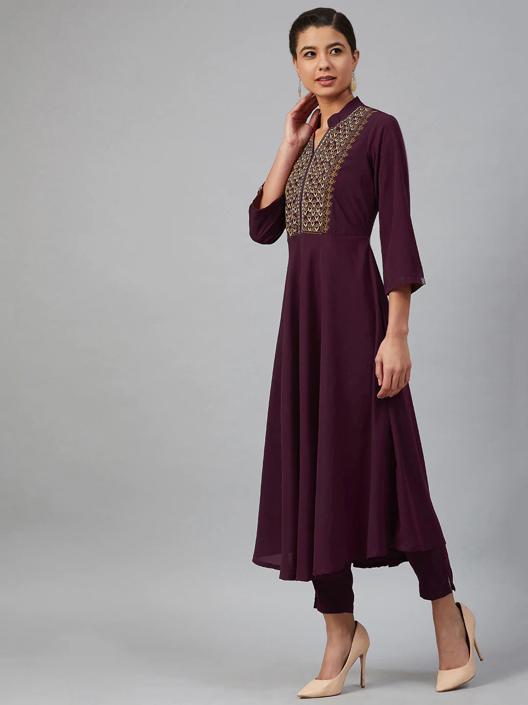 Jompers Women Purple Embroidered Yoke Design A-Line Kurta (JOK 1352 Purple)