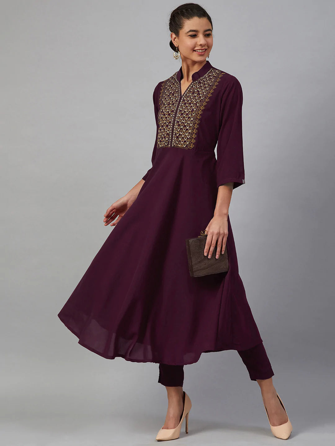 Jompers Women Purple Embroidered Yoke Design A-Line Kurta (JOK 1352 Purple)