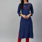Jompers Women Blue & Pink Yoke Embroidered Straight Kurta ( JOK 1354 Blue )