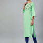 Jompers Women Green & Pink Yoke Embroidered Straight Kurta ( JOK 1354 Green)