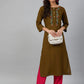 Jompers Women Olive Brown & Pink Yoke Embroidered Straight Kurta ( JOK 1355 Golden )